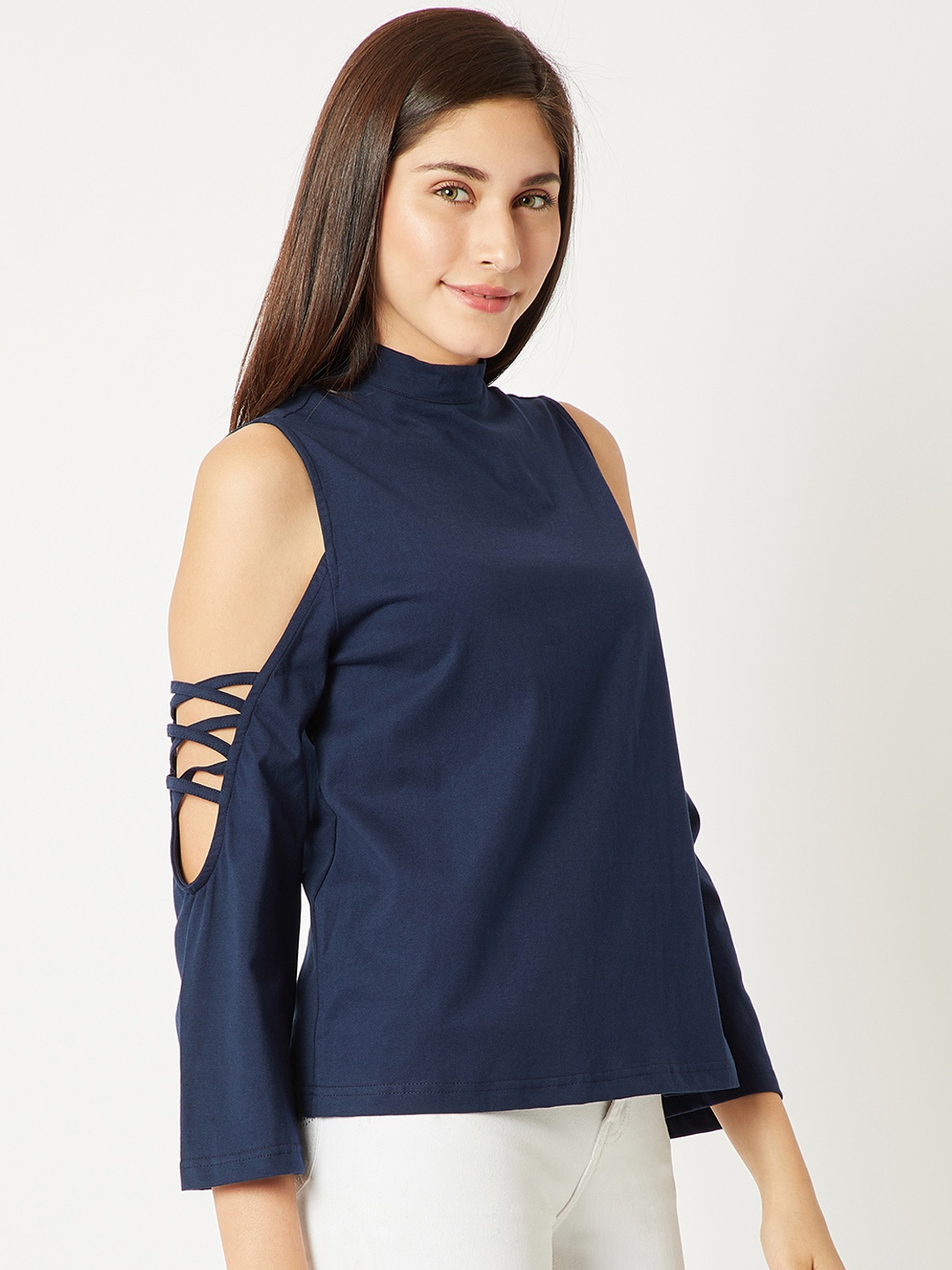 

Miss Chase Women Navy Blue Solid Pure Cotton Top