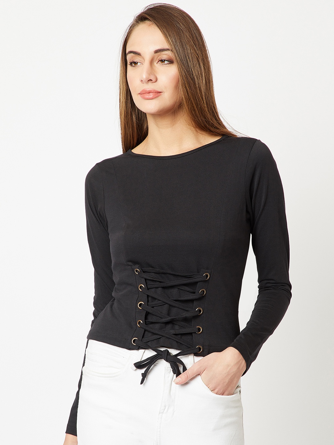 

Miss Chase Black Solid Pure Cotton Top