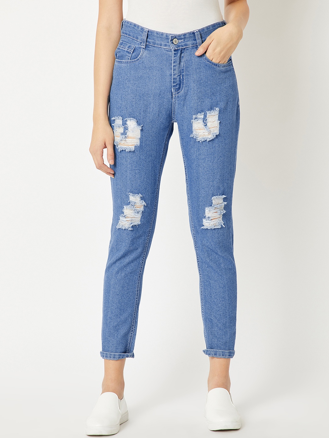 

Miss Chase Women Blue Boyfriend Fit Mid-Rise Highly Distressed Jeans