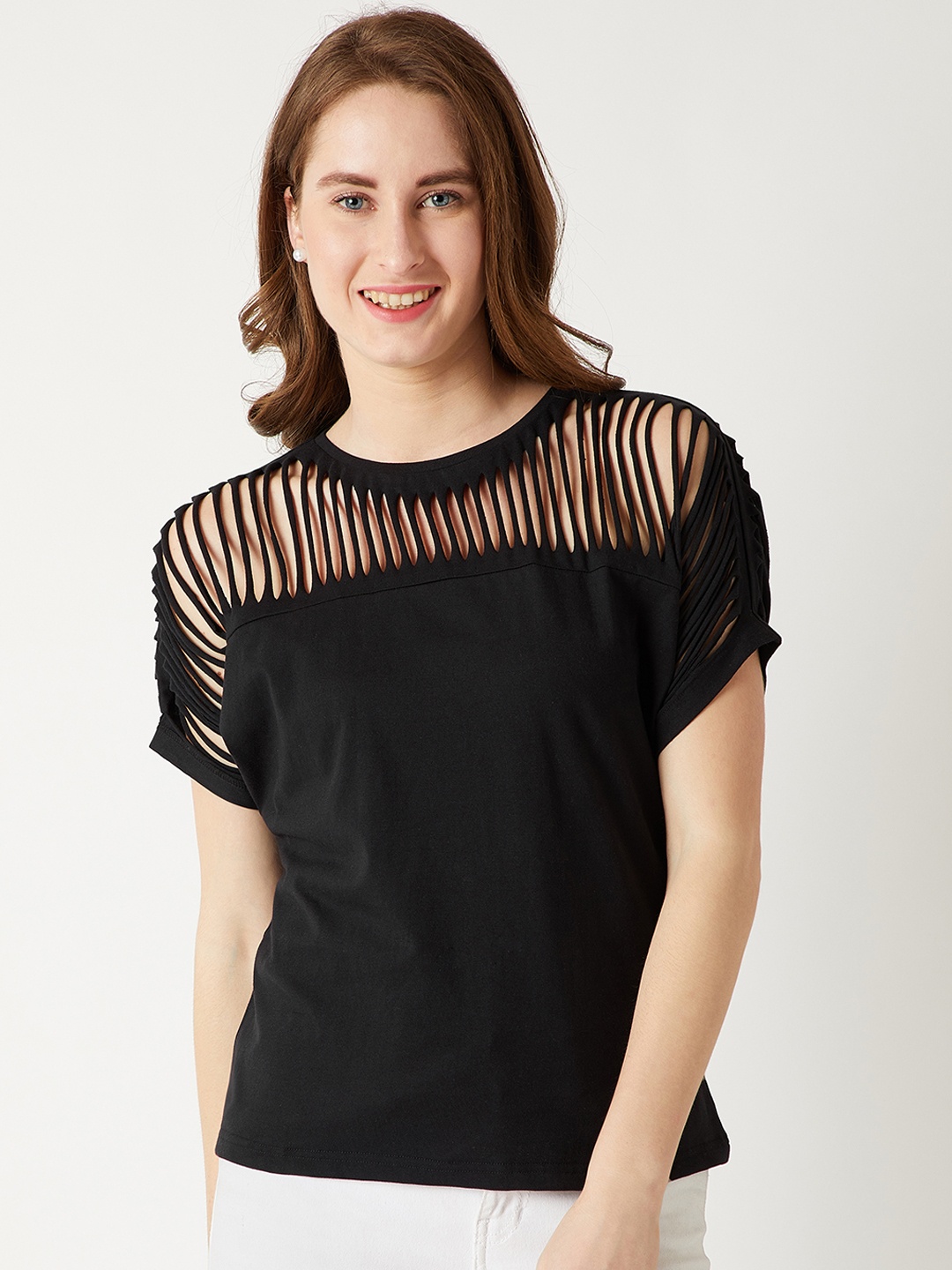 

Miss Chase Women Black Self Design Pure Cotton Top