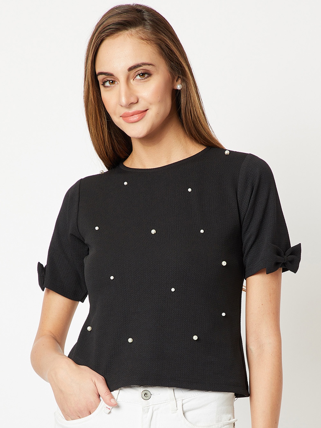 

Miss Chase Women Black Embellished Crop Top