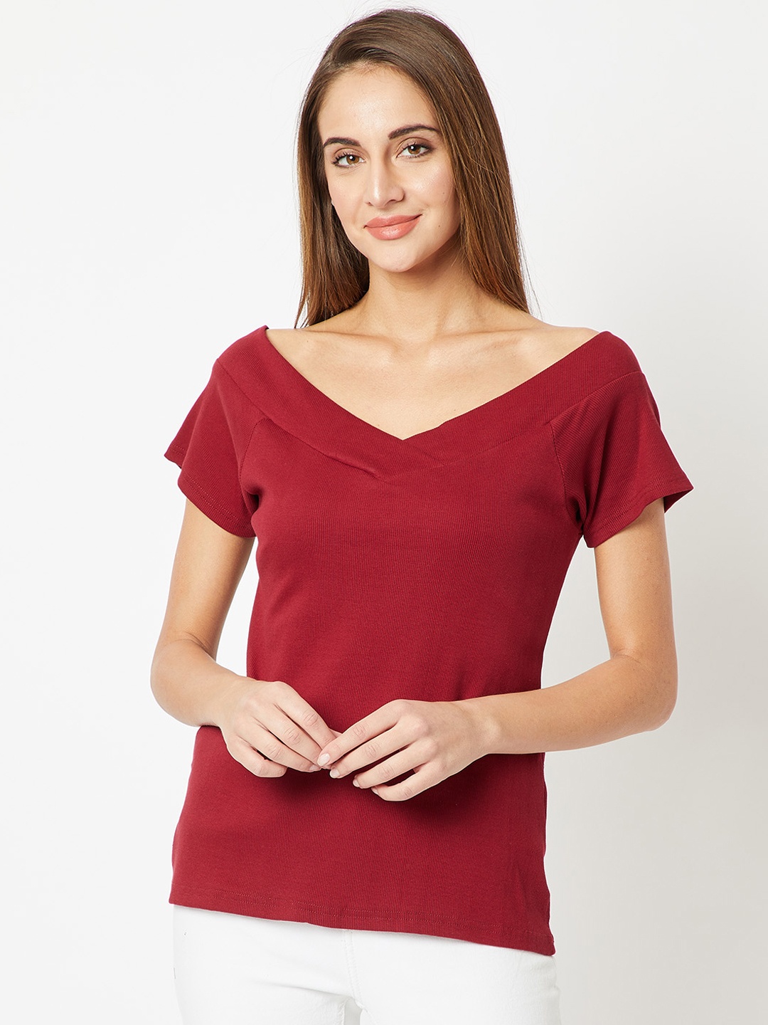 

Miss Chase Women Maroon Solid Bardot Pure Cotton Top