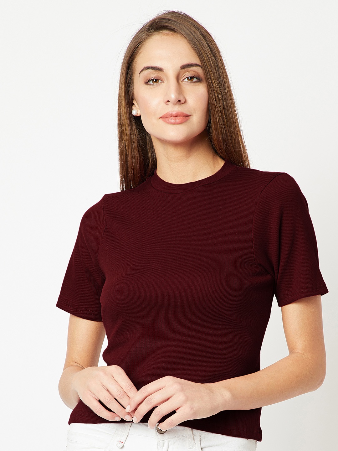 

Miss Chase Women Maroon Solid Pure Cotton Top