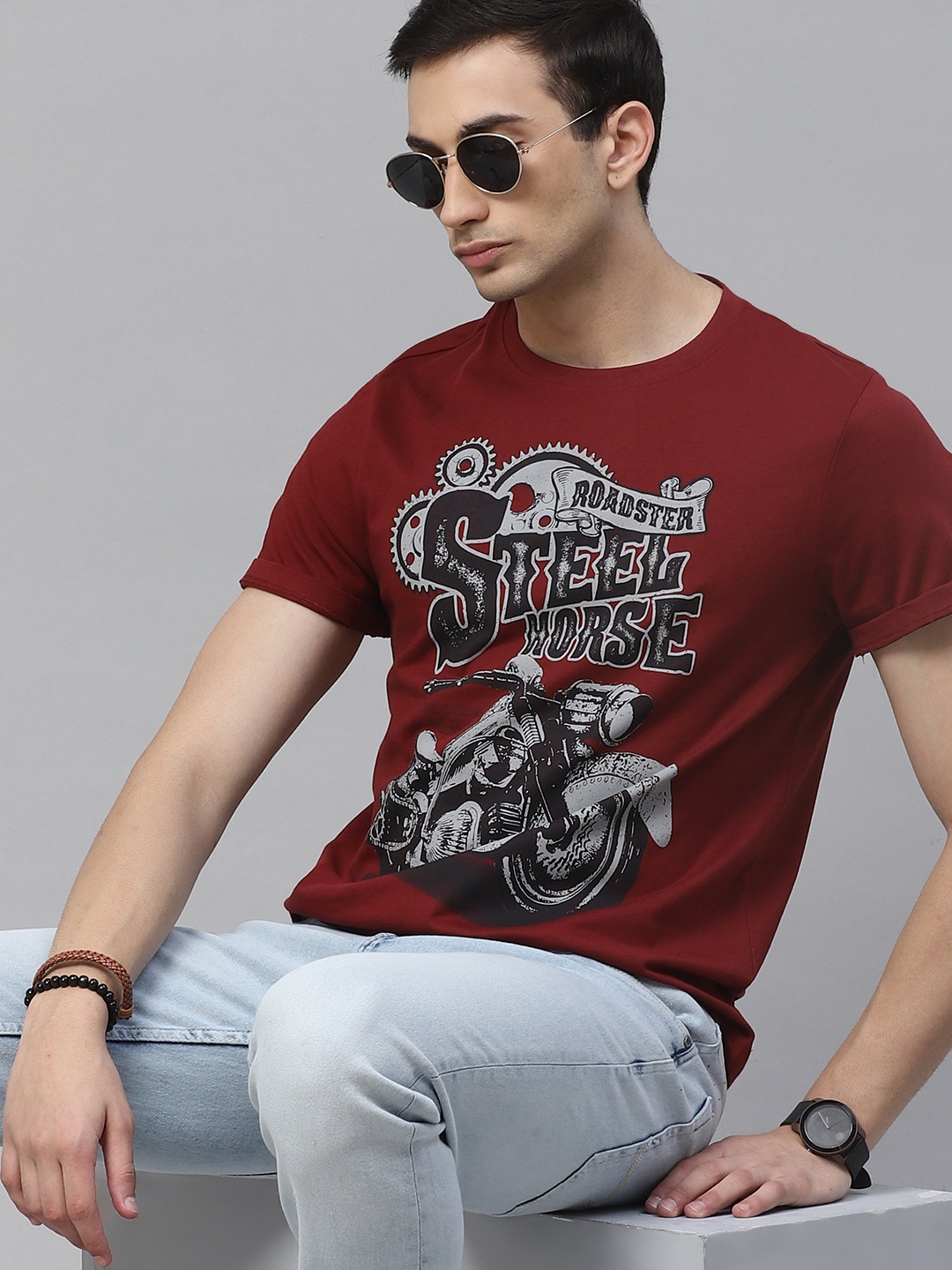 

Roadster Men Maroon Black Biker Print Pure Cotton T-shirt