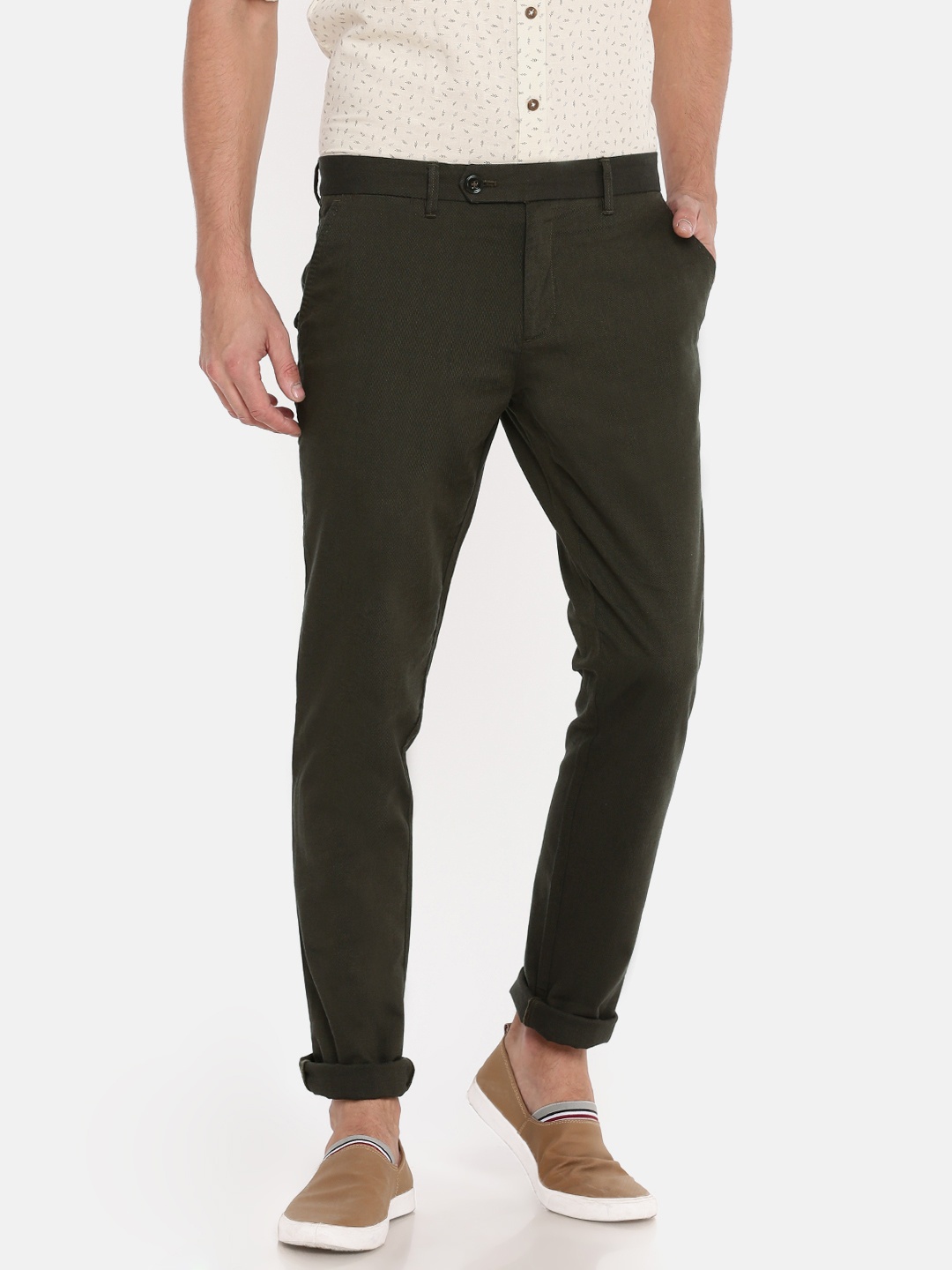 

Indian Terrain Men Olive Green Urban Slim Slim Fit Solid Trousers