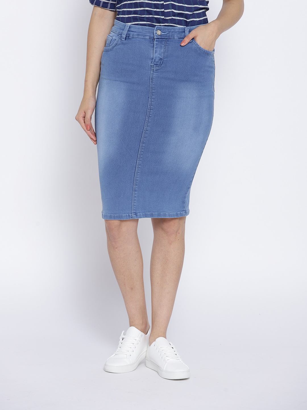 

Purple Feather Denim Washed Pencil Skirt, Blue