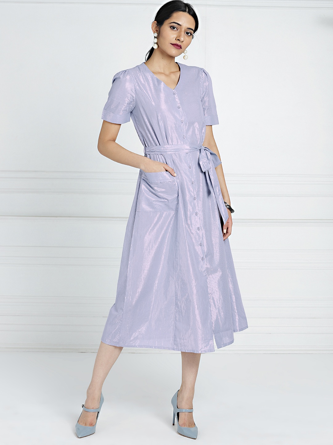 

all about you Women Blue & Silver-Coloured Striped A-Line Dress