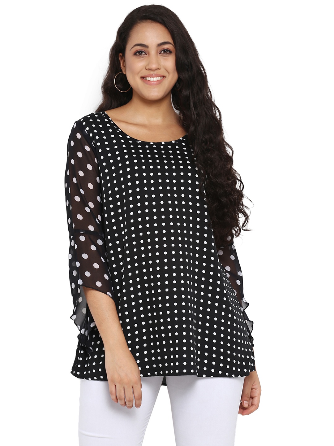 

Qurvii Plus Size Women Black Polka Dot Printed A-Line Top