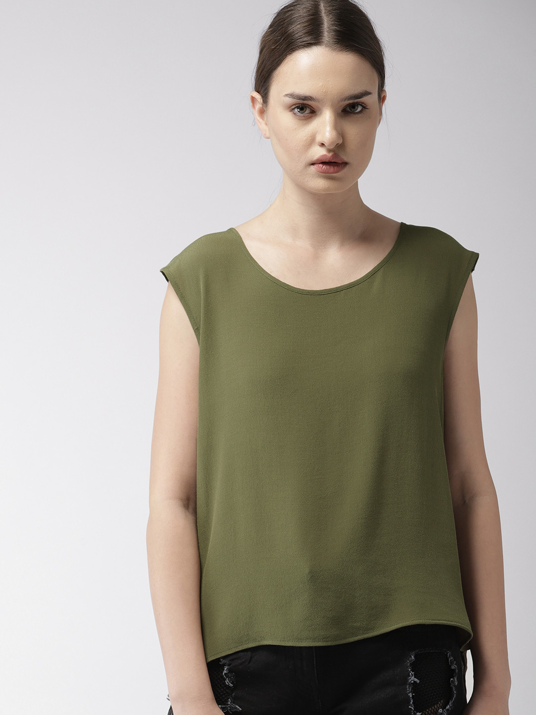 

FOREVER 21 Women Olive Green Solid High-Low Top