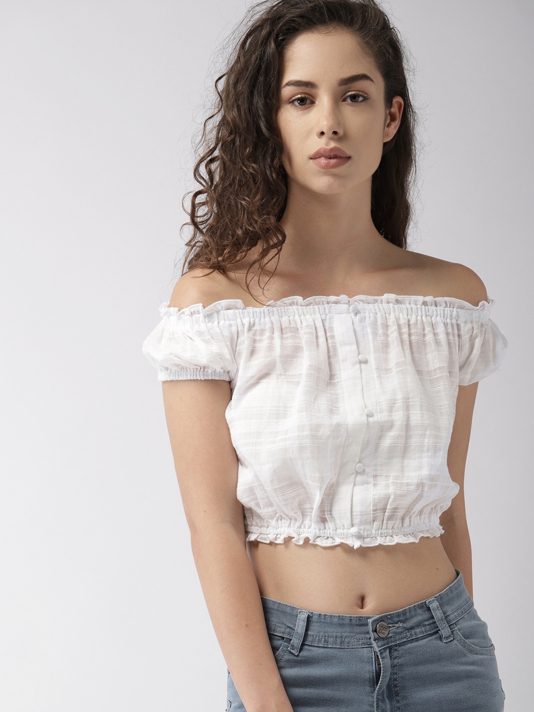 

FOREVER 21 Women White Solid Bardot Pure Cotton Top