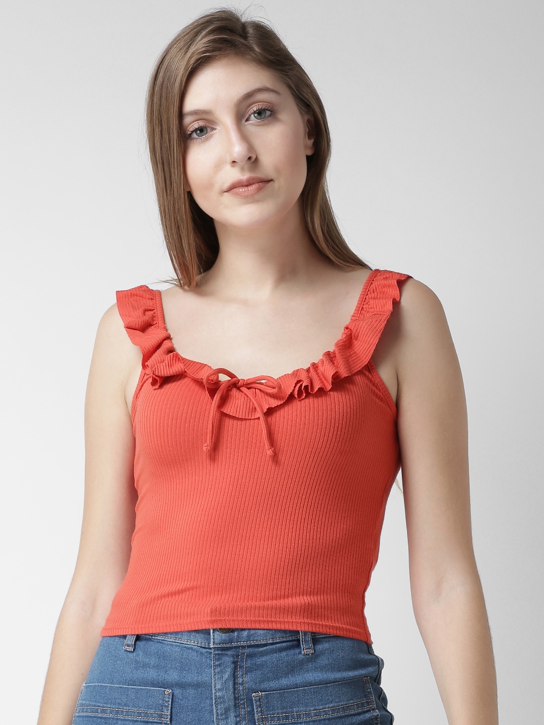 

FOREVER 21 Women Coral Red Self-Striped Fitted Top