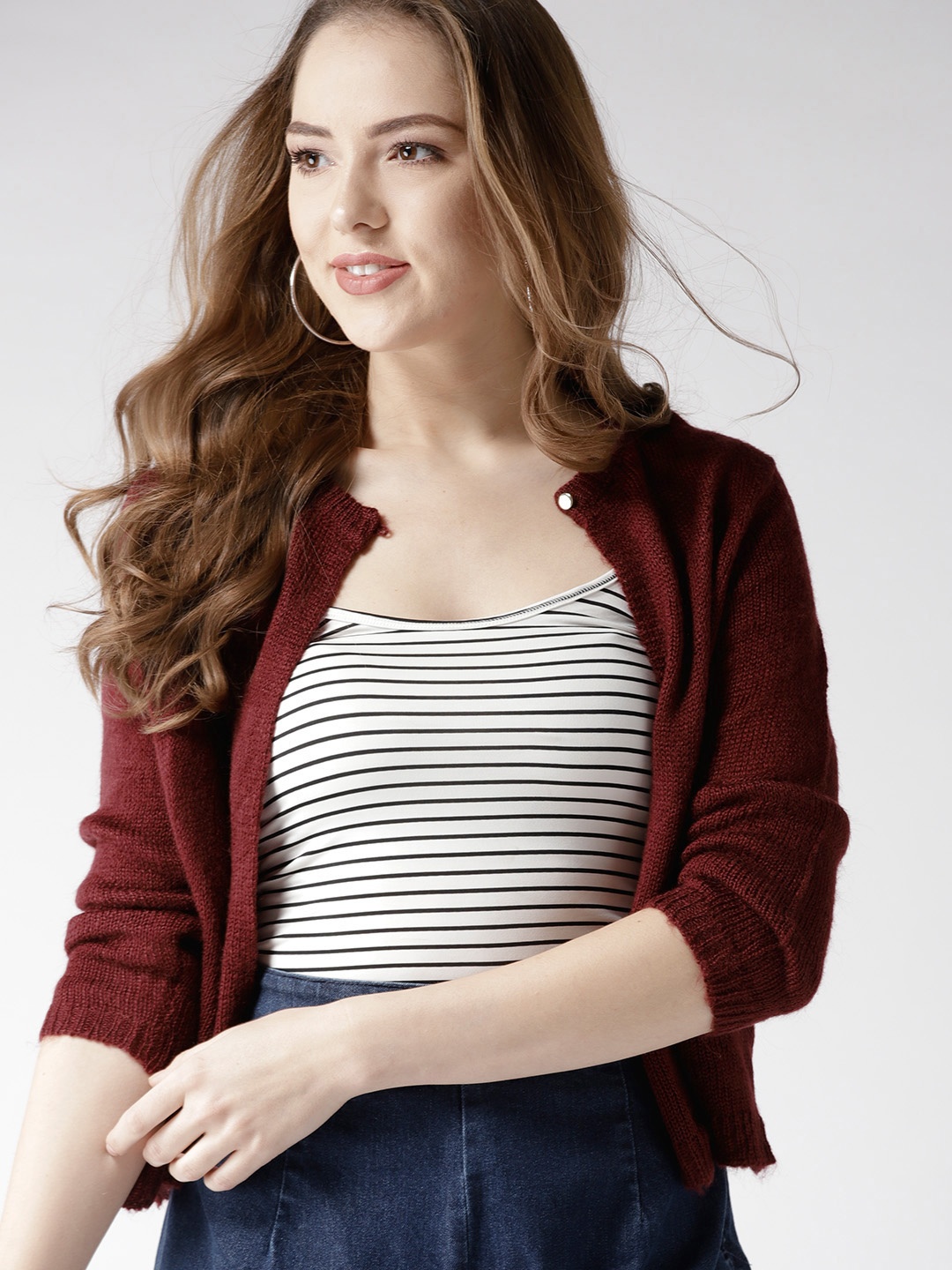 

Mast & Harbour Women Burgundy Solid Front-Open Cardigan