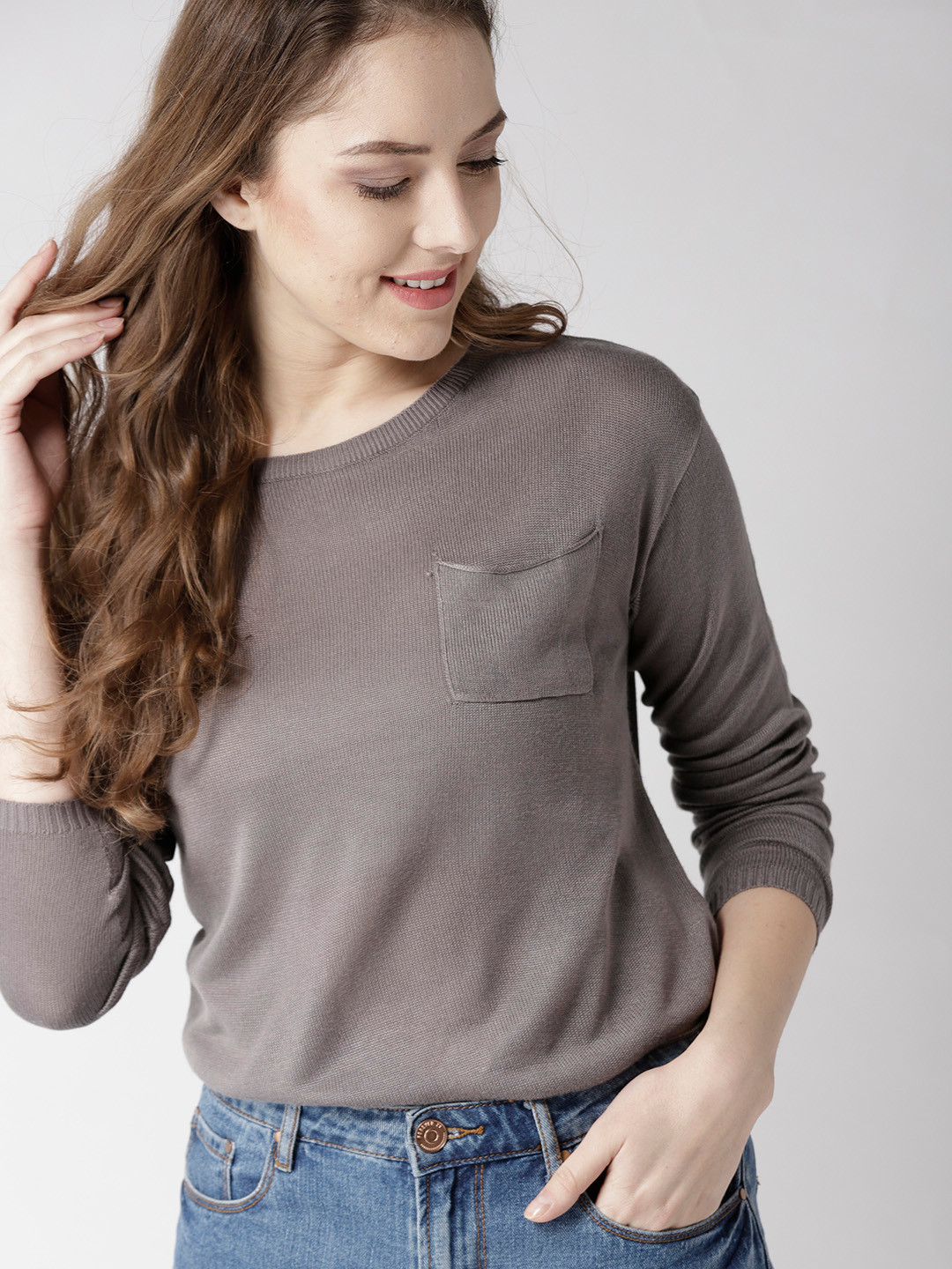 

Mast & Harbour Women Charcoal Grey Solid Pullover