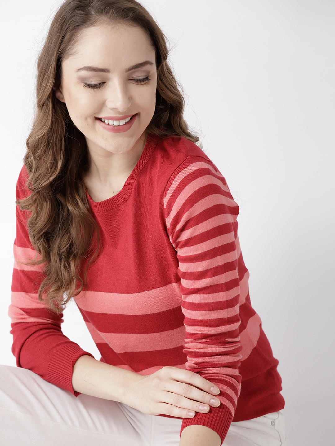 

Mast & Harbour Women Red & Coral Pink Striped Pullover