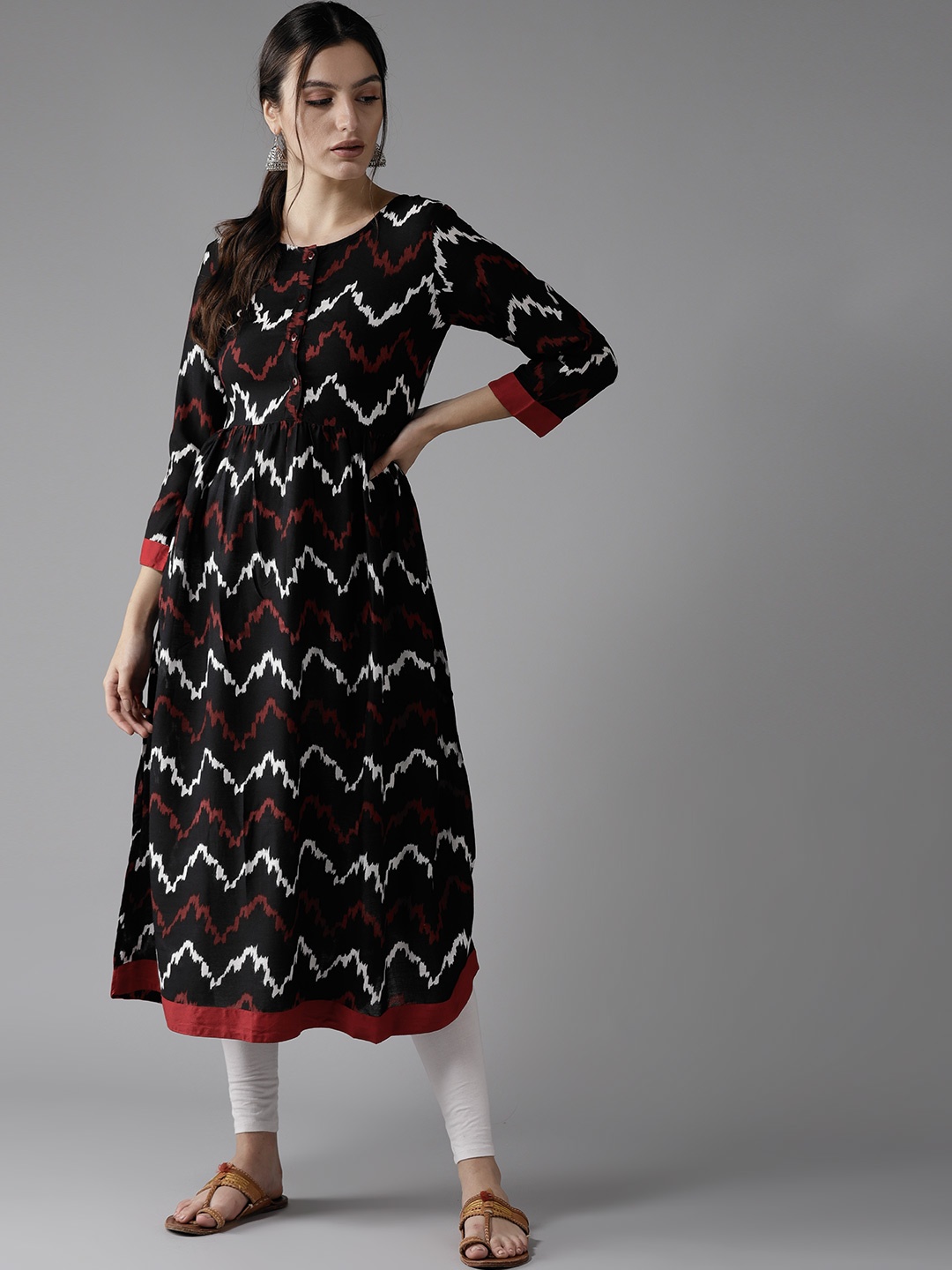 

HERE&NOW Women Black & Red Printed A-Line Kurta