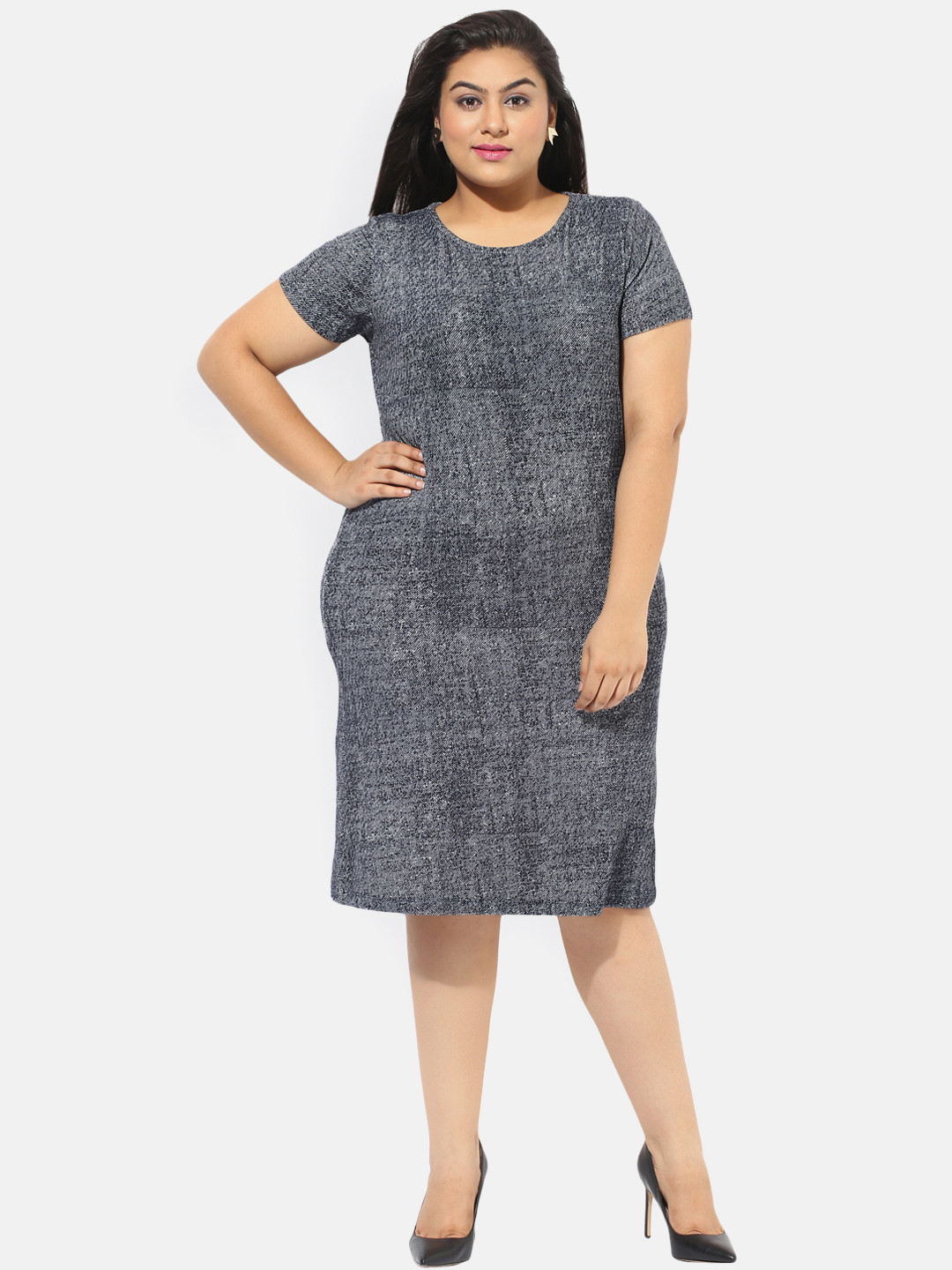 

aLL Plus Size Women Navy Blue & White Self Design Sheath Dress