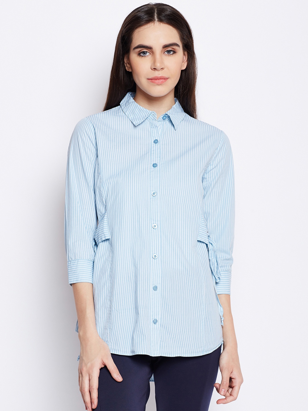 

Oxolloxo Women Blue Regular Fit Striped Casual Shirt