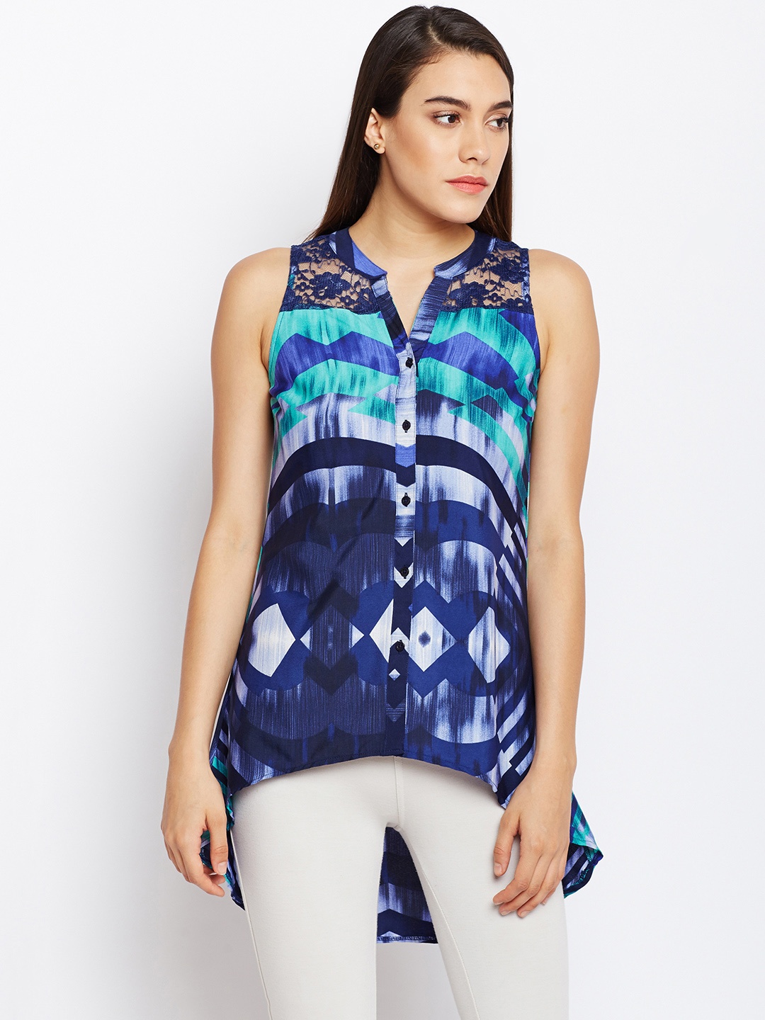 

Oxolloxo Women Blue Regular Fit Printed Casual High-Low Shirt