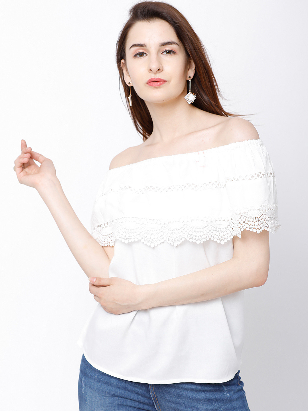 

Tokyo Talkies Women Off-White Self Design Bardot Top