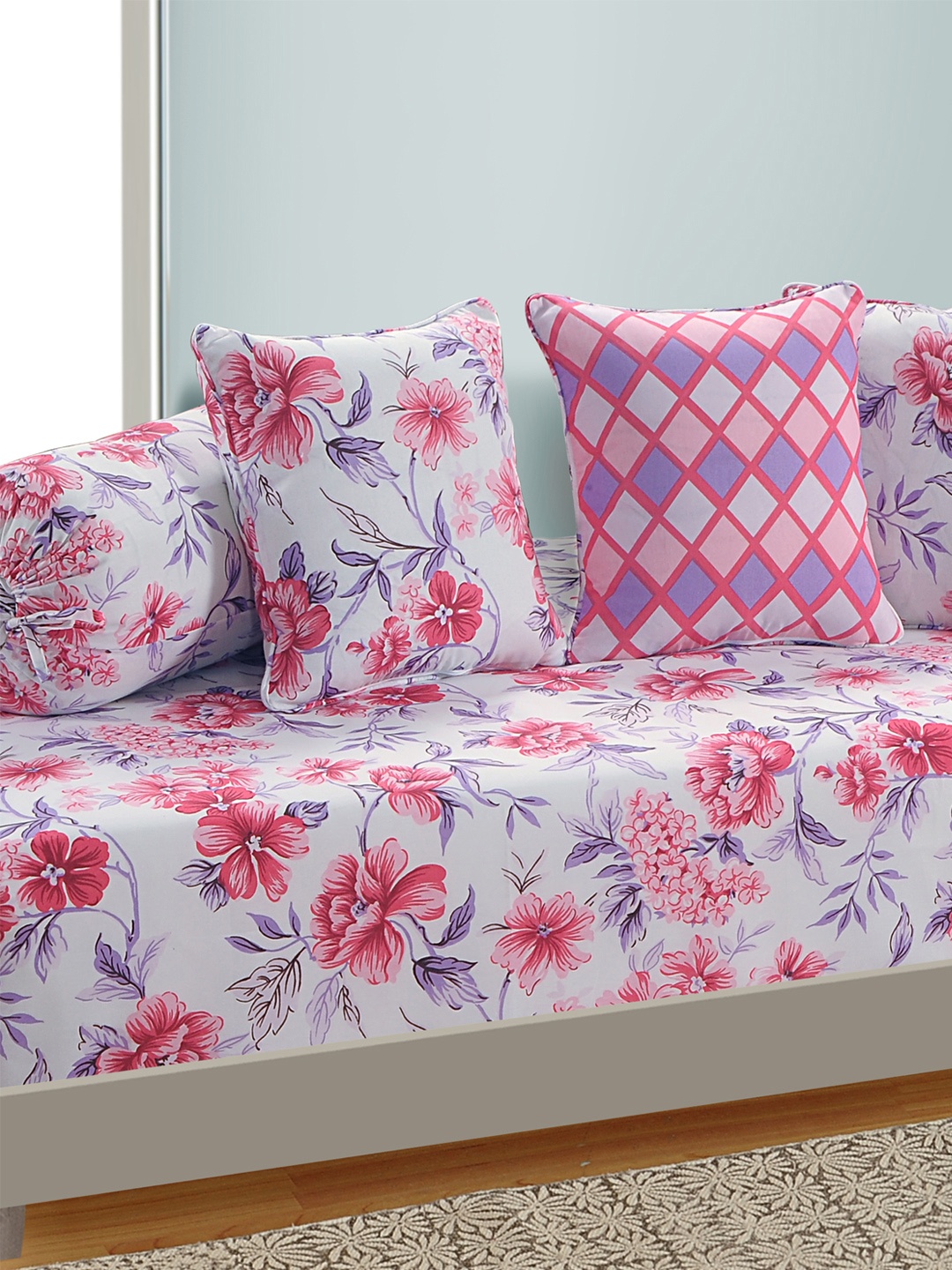 

SWAYAM White and Pink Floral Print 144 TC Diwan Set with Bolster and Cushion Covers