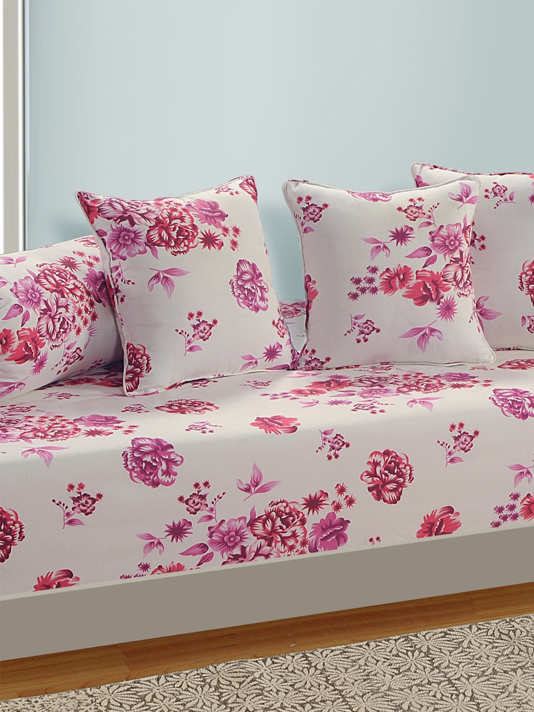 

SWAYAM White and Pink Floral Print 160 TC Diwan Set with Bolster and Cushion Covers