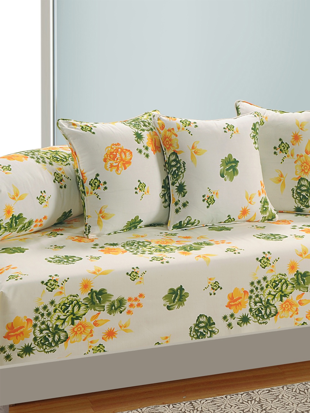 

SWAYAM Off-White and Yellow Floral Print 160 TC Diwan Set with Bolster and Cushion Covers