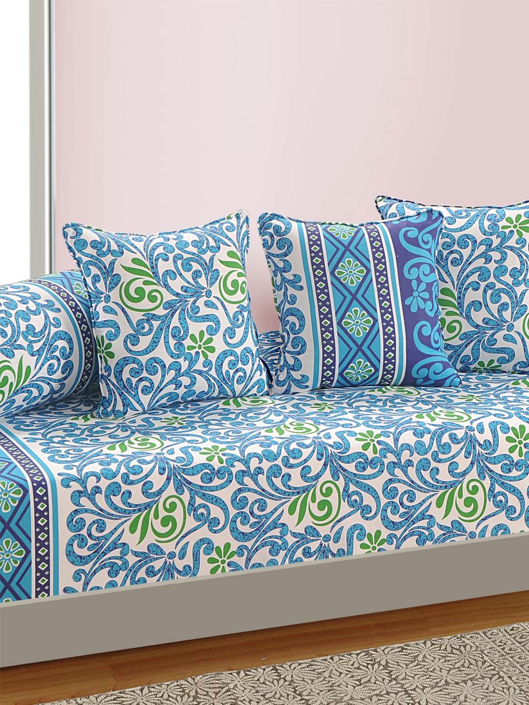 

SWAYAM White and Blue Printed 160 TC Diwan Set with Bolster and Cushion Covers