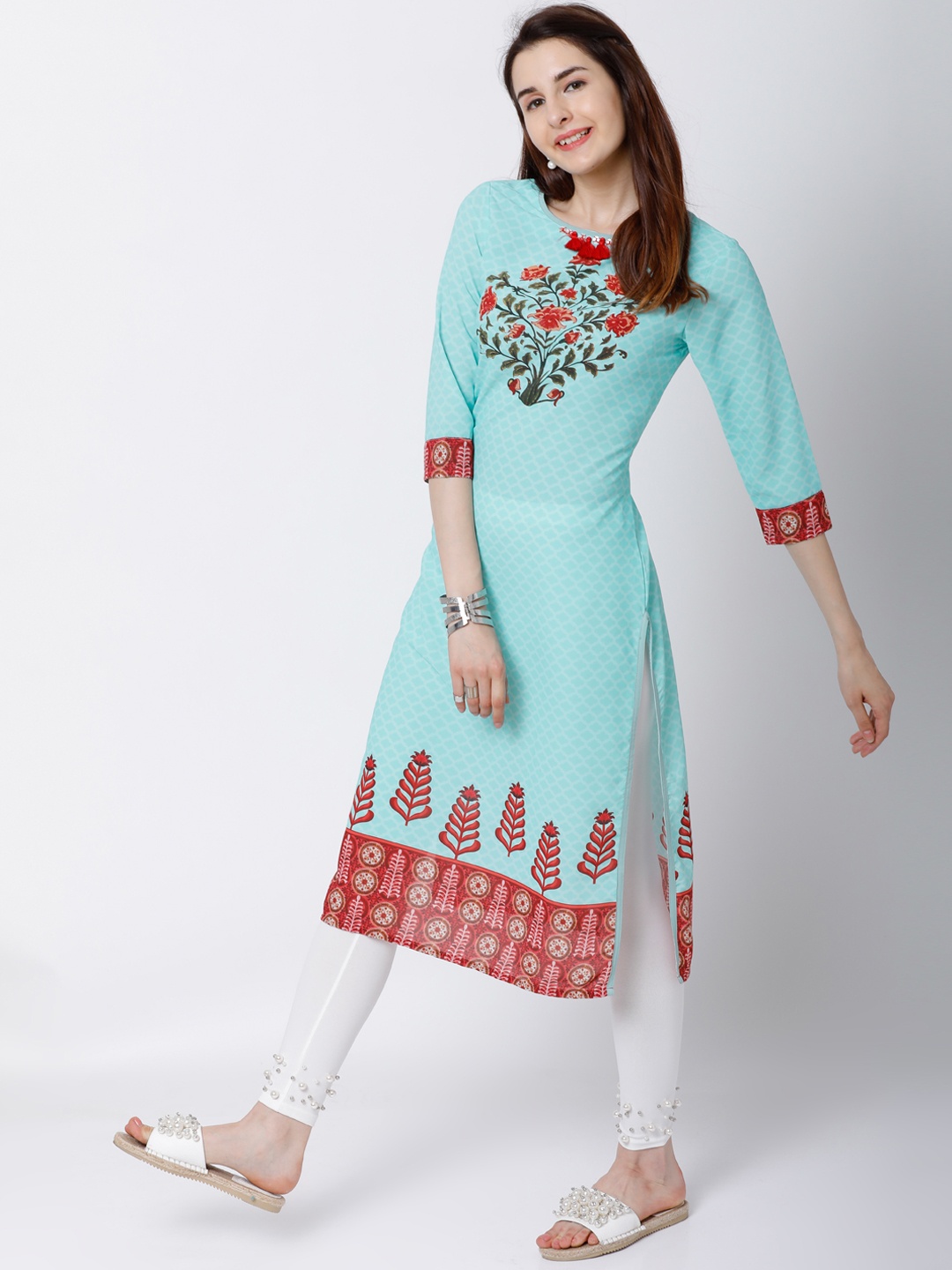 

Vishudh Women Blue & Red Printed Straight Kurta