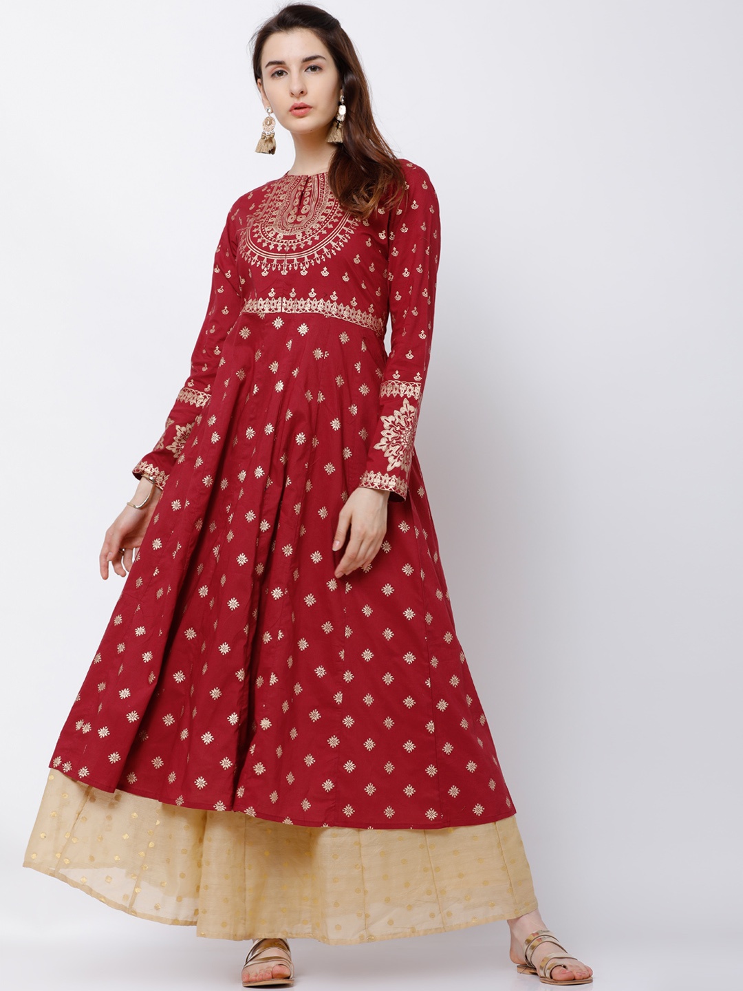 

Vishudh Women Burgundy & Gold-Toned Printed Anarkali Kurta