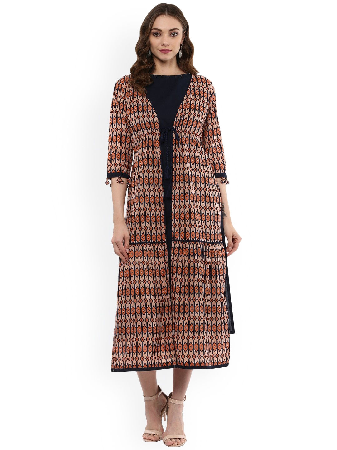 

Idalia Women Navy Blue Printed A-Line Dress With Shrug