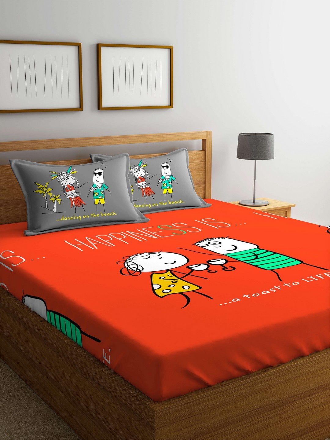 

Portico New York Red & Grey Cartoon Characters Flat 144 TC Cotton 1 King Bedsheet with 2 Pillow Covers