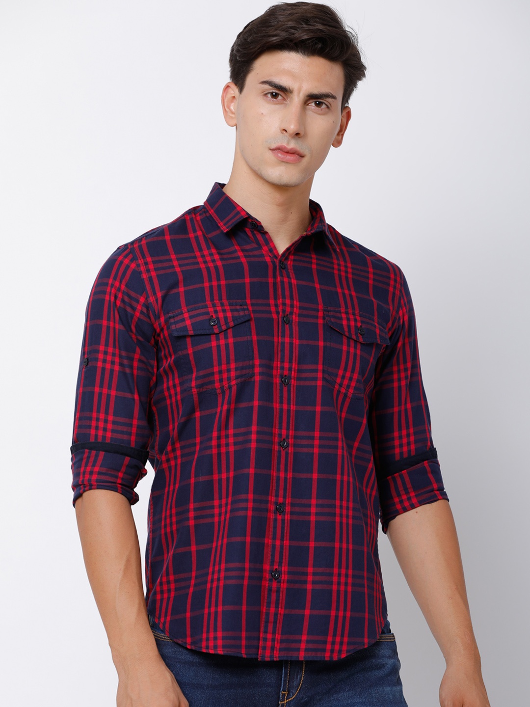 

LOCOMOTIVE Men Navy Blue & Red Slim Fit Checked Casual Shirt