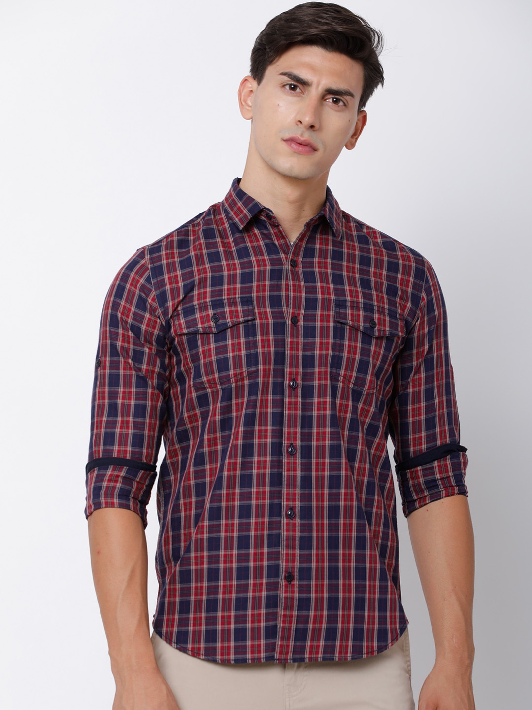 

LOCOMOTIVE Men Maroon & Navy Blue Slim Fit Checked Casual Shirt