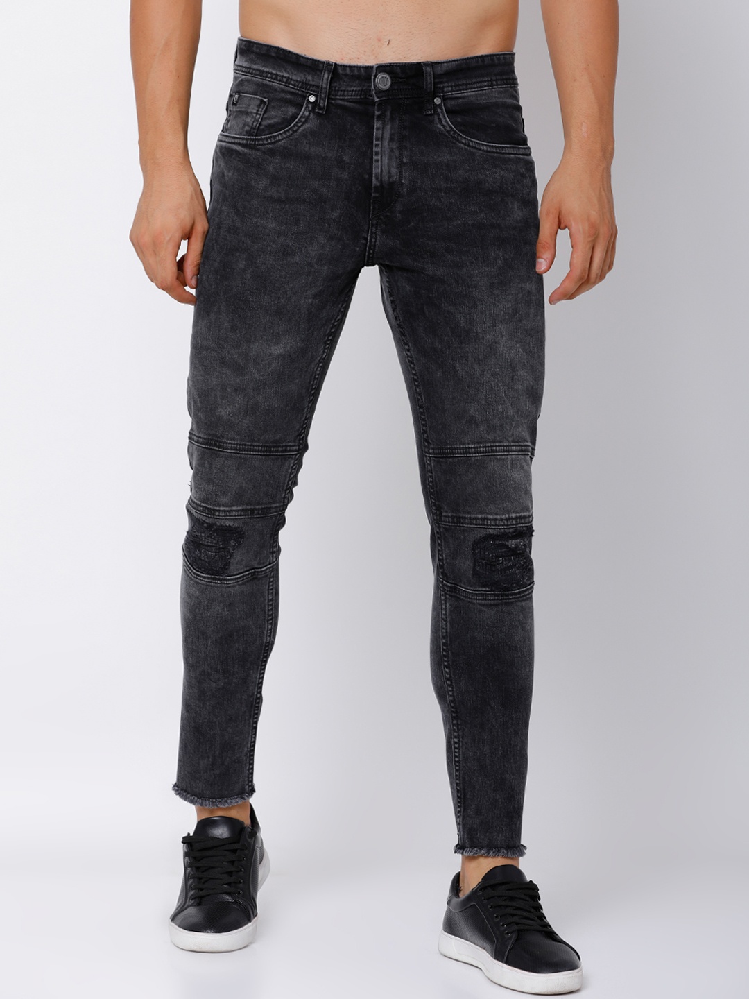 

LOCOMOTIVE Men Black Tapered Fit Mid-Rise Mildly Distressed Stretchable Crop Jeans