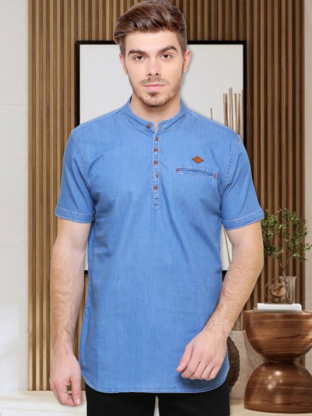 

Kuons Avenue Men Blue Solid Denim Straight Kurta