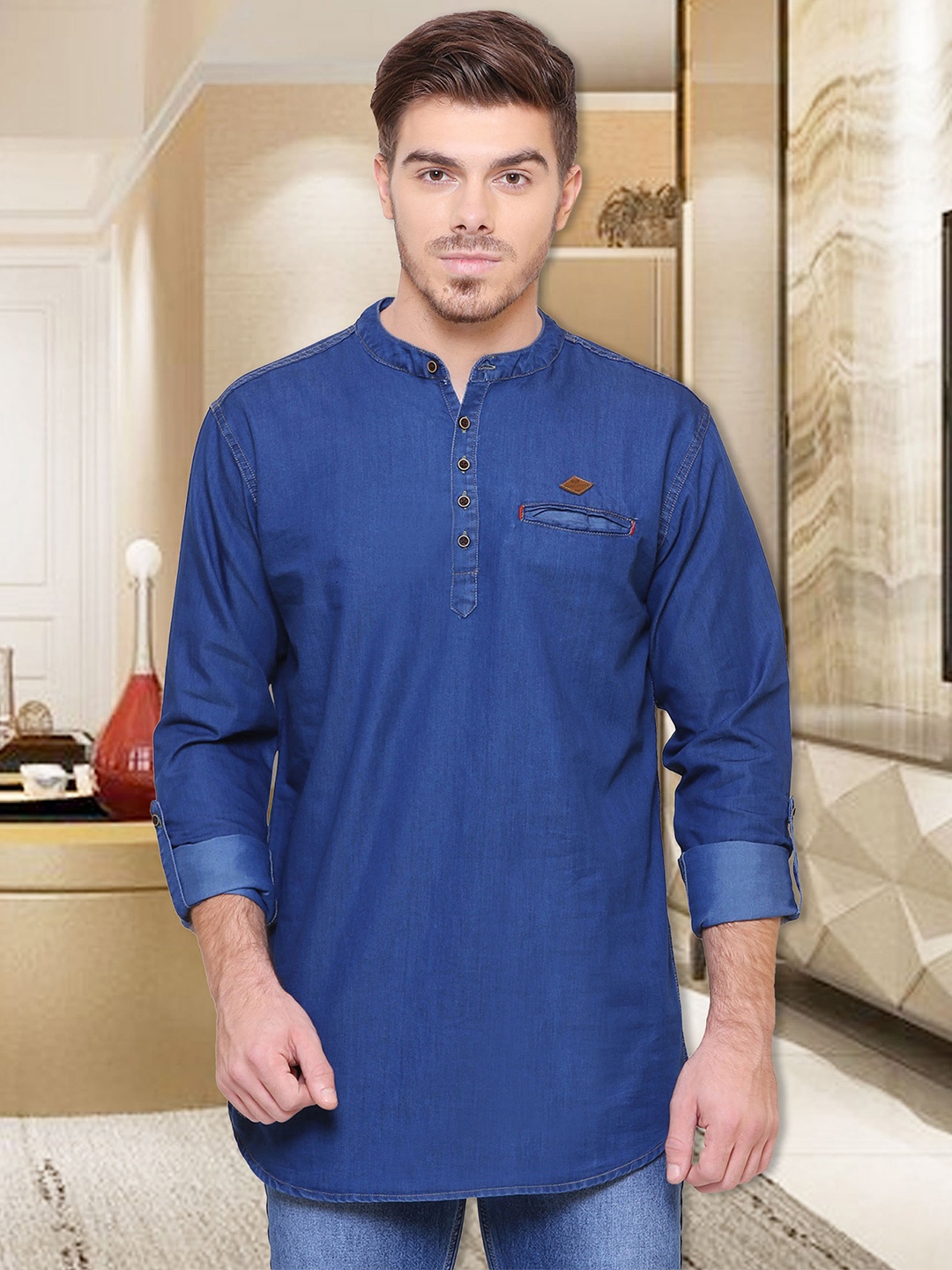 

Kuons Avenue Men Blue Solid Denim Straight Kurta