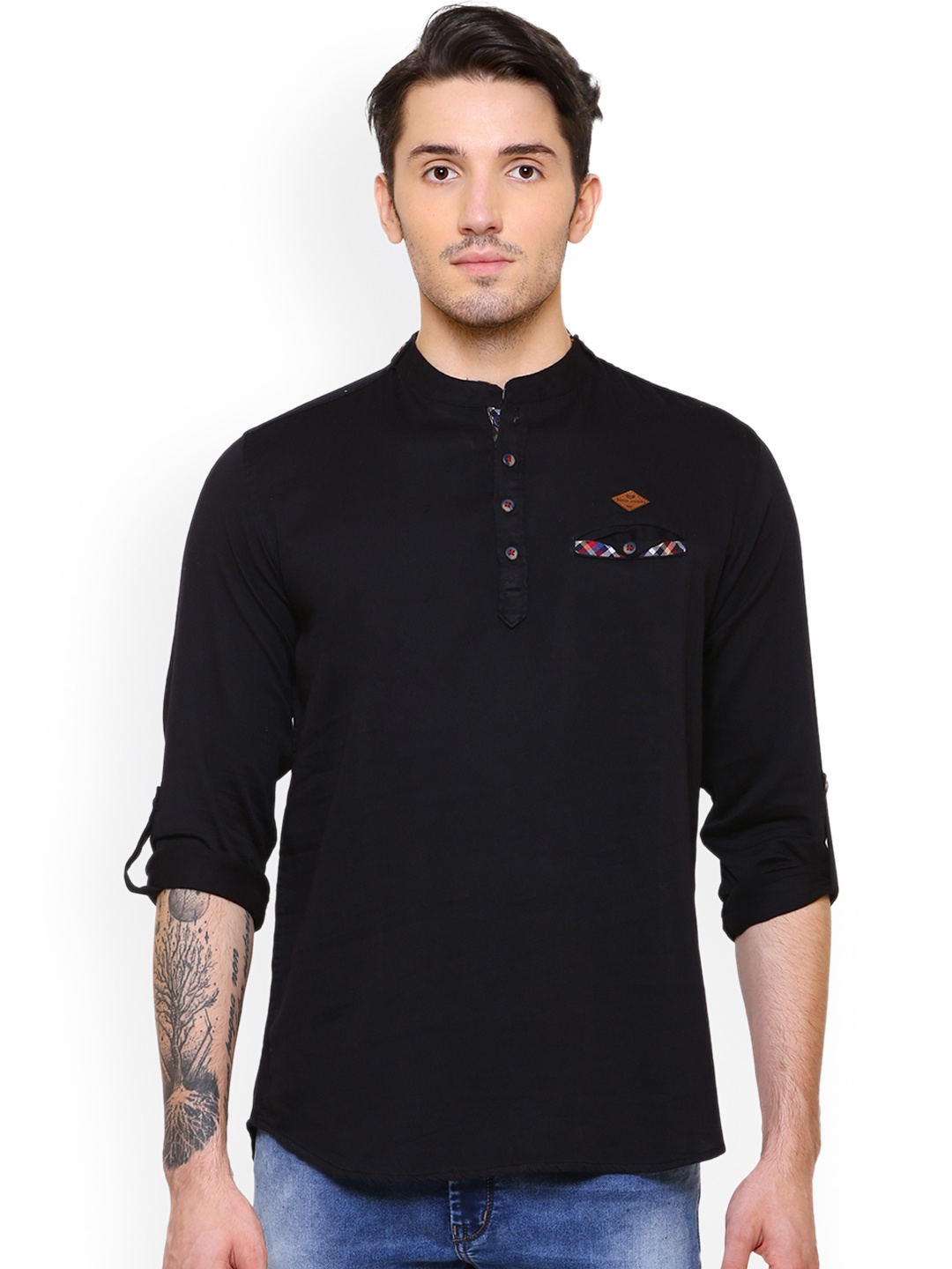 

Kuons Avenue Men Tailored Fit Band Collar Pure Cotton Casual Shirt, Black