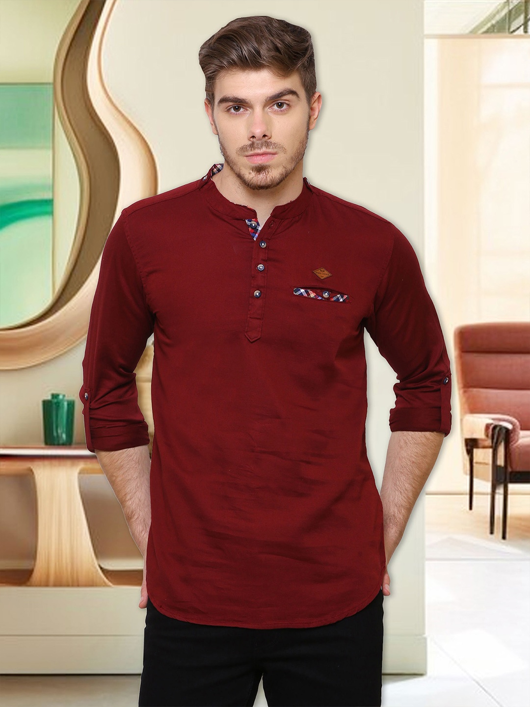 

Kuons Avenue Men Maroon Solid Straight Kurta