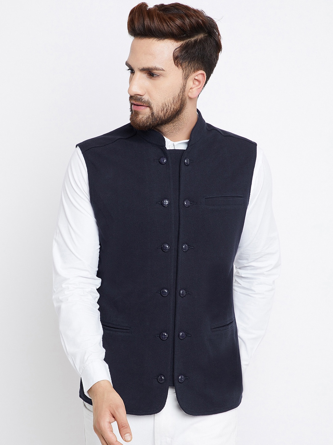 Hypernation Men Navy-Blue Pure Cotton Nehru Jacket