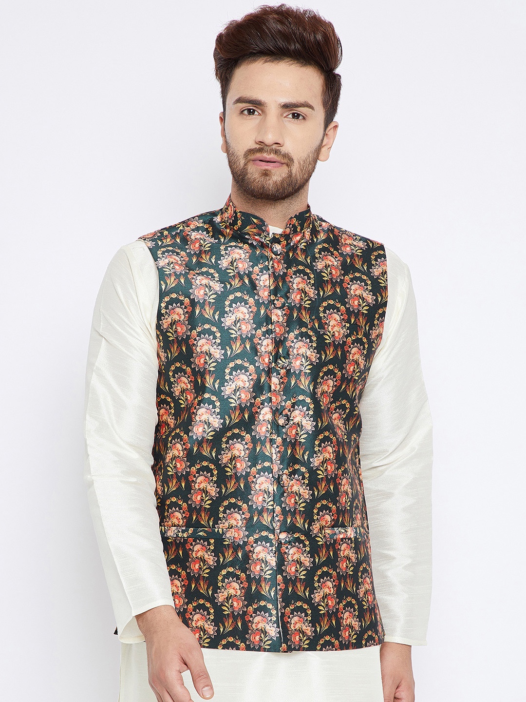 

SOJANYA Men Olive Green & Pink Printed Nehru Jacket