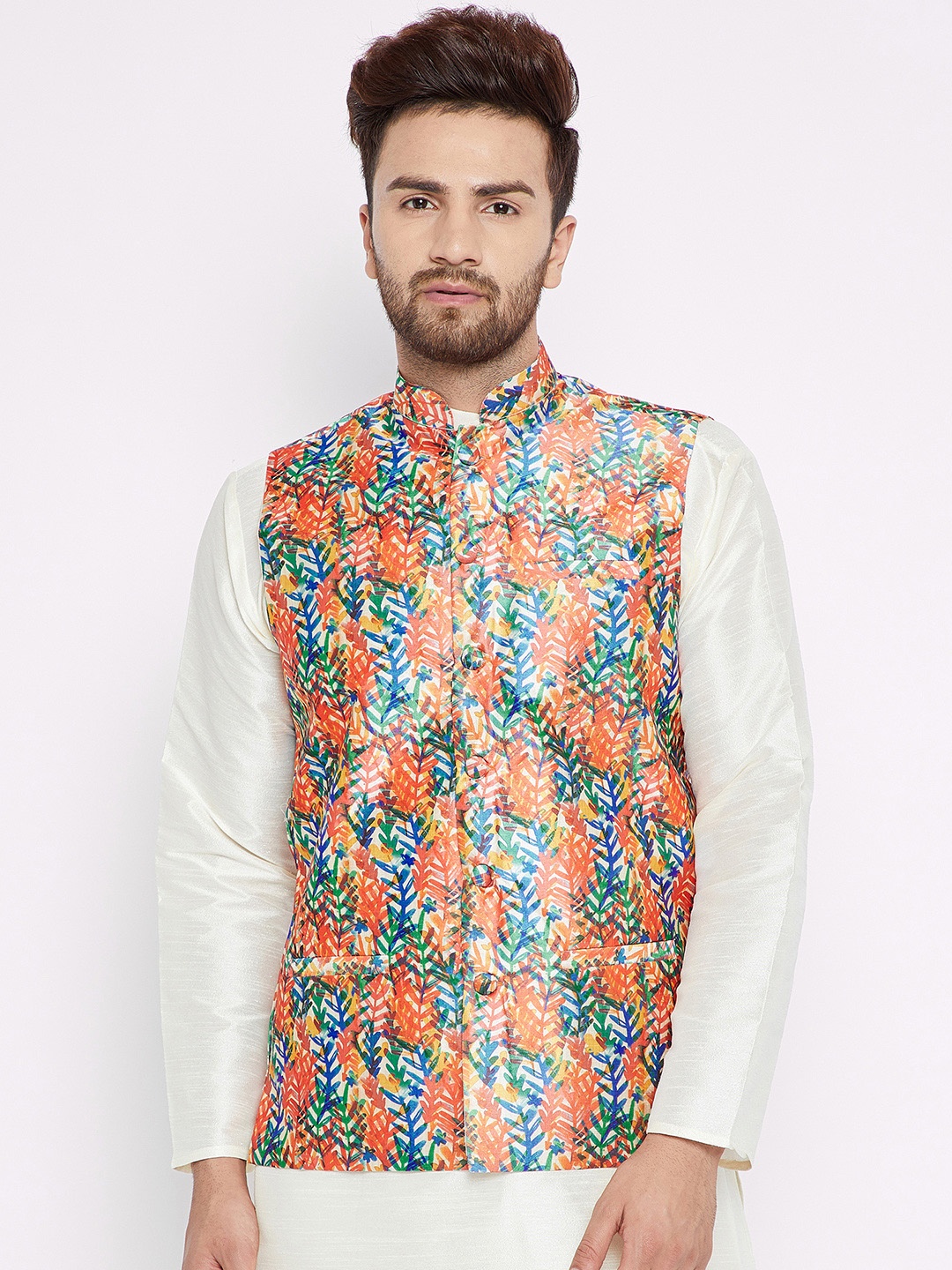 

SOJANYA Men Orange & Blue Printed Nehru Jacket