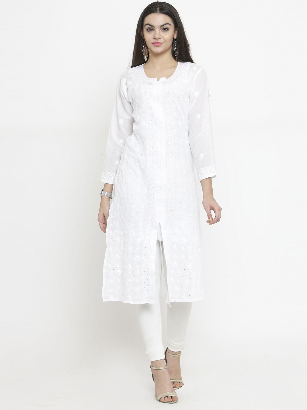 

Moedbuille Women White Chikankari & Mukaish Work Straight Kurta