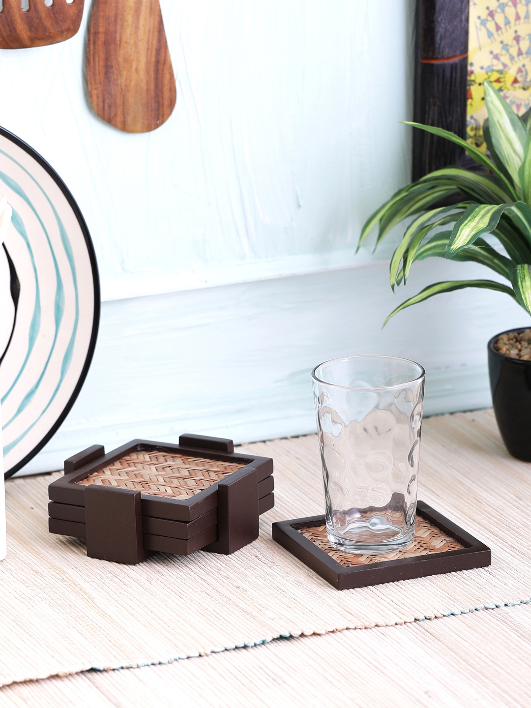 

VarEesha Brown Set of 4 Wooden Ethnic Bamboo Base Coasters