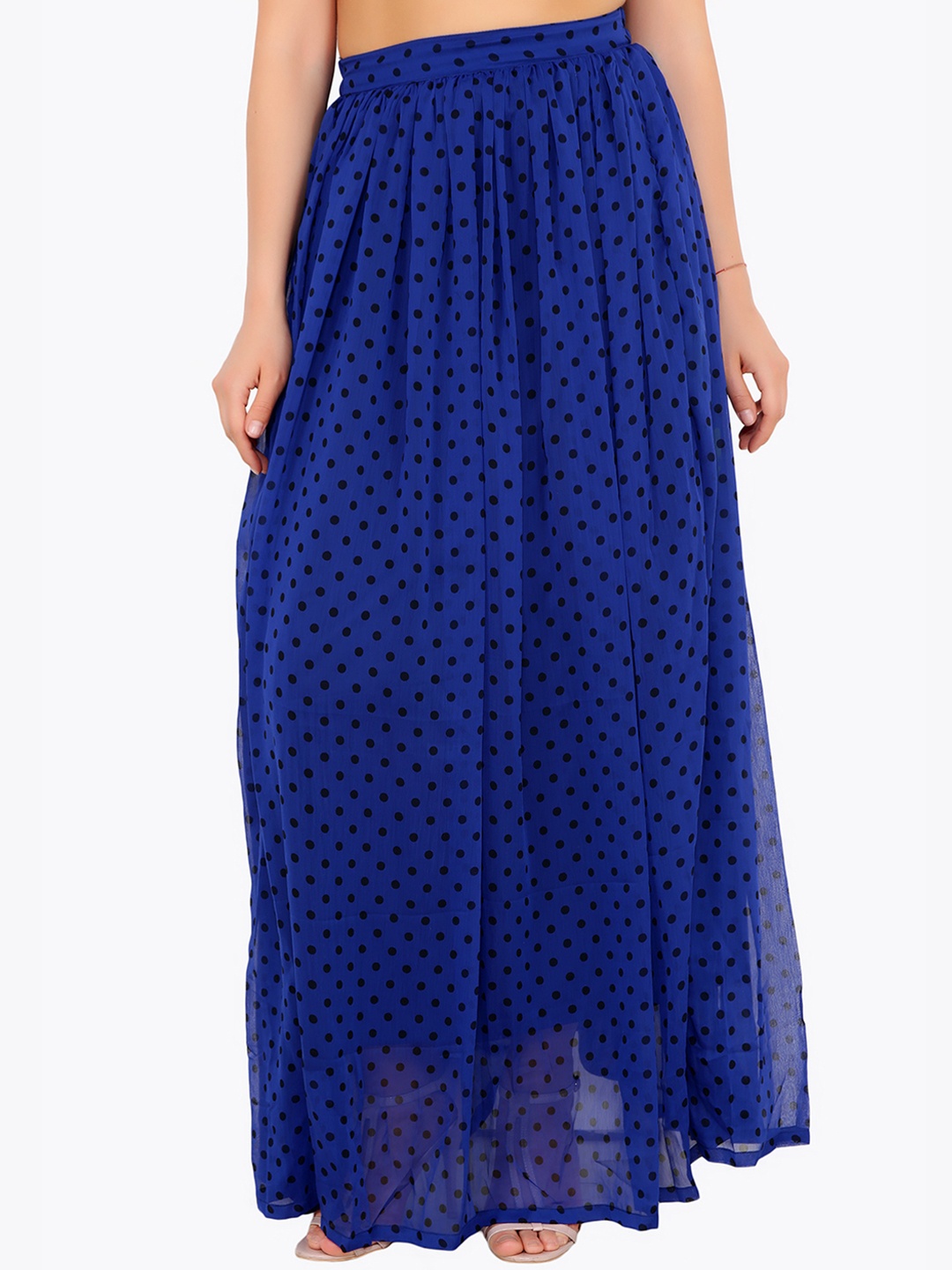 

Cation Women Blue Polka Dot Print Flared Maxi Skirt