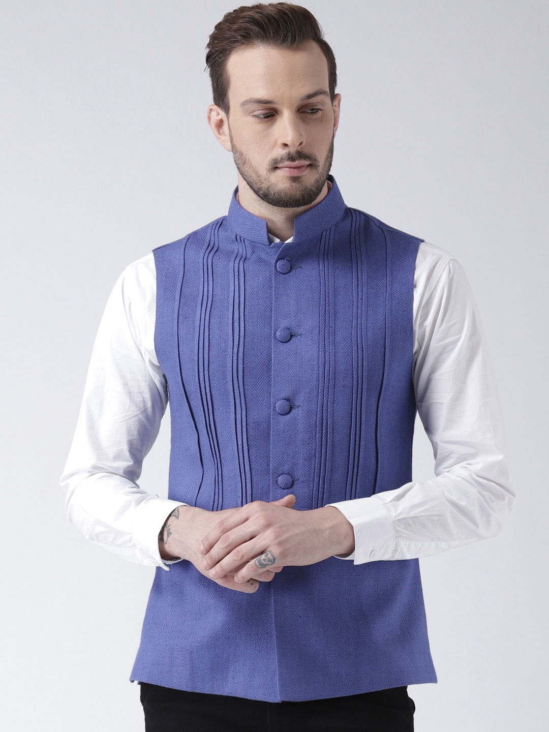 

KISAH Men Blue Woven Pattern Nehru Jacket