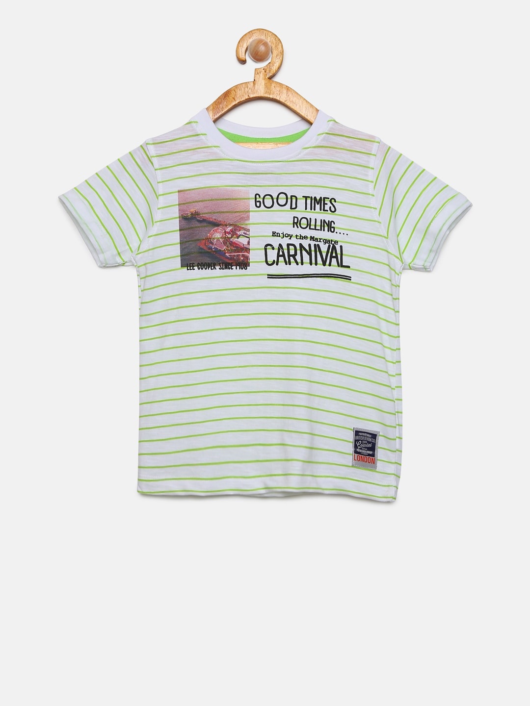 

Lee Cooper Boys Off-White and Green Printed Striped Round Neck T-shirt