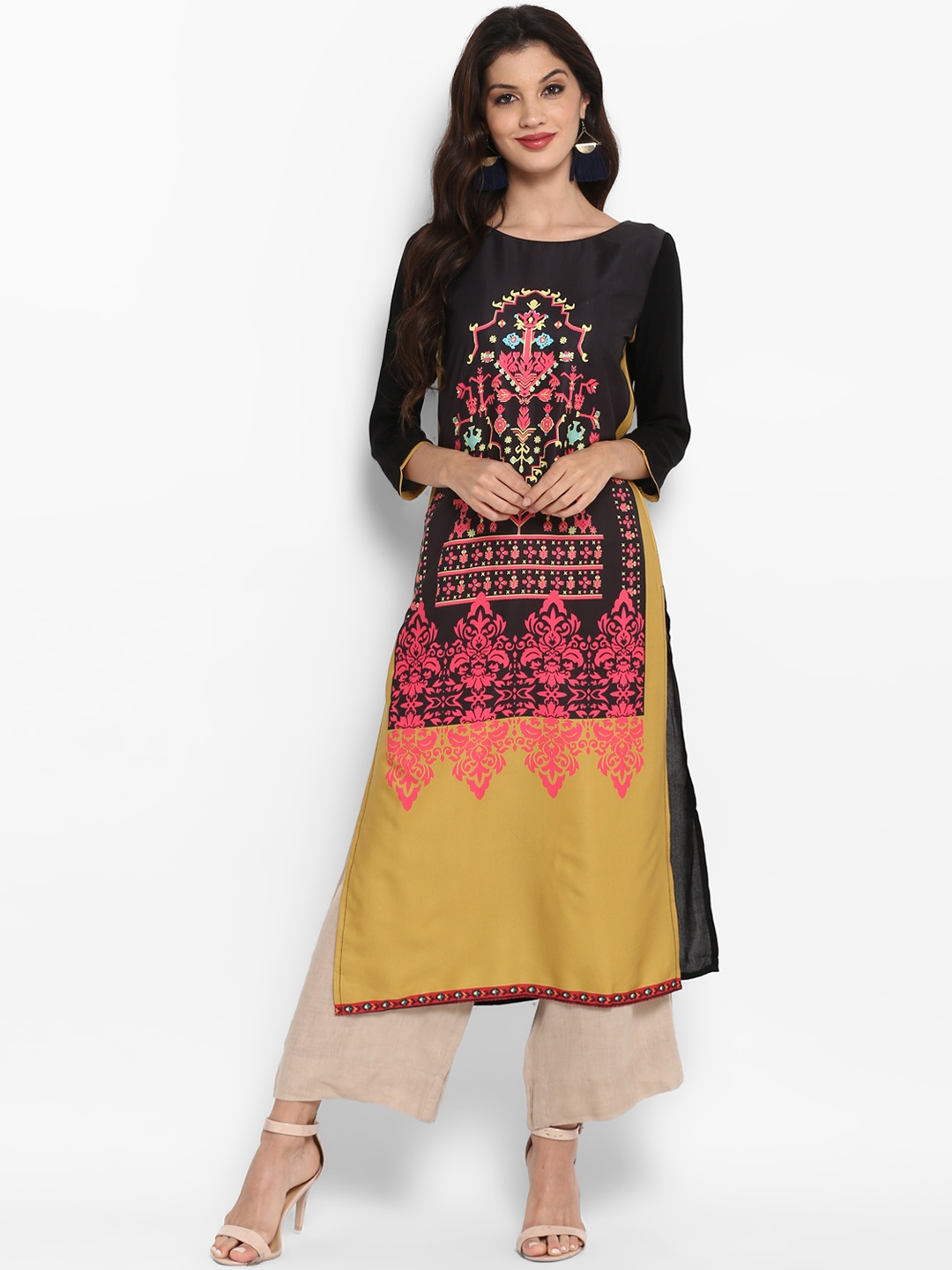 

Vaamsi Women Black & Beige Printed Straight Kurta
