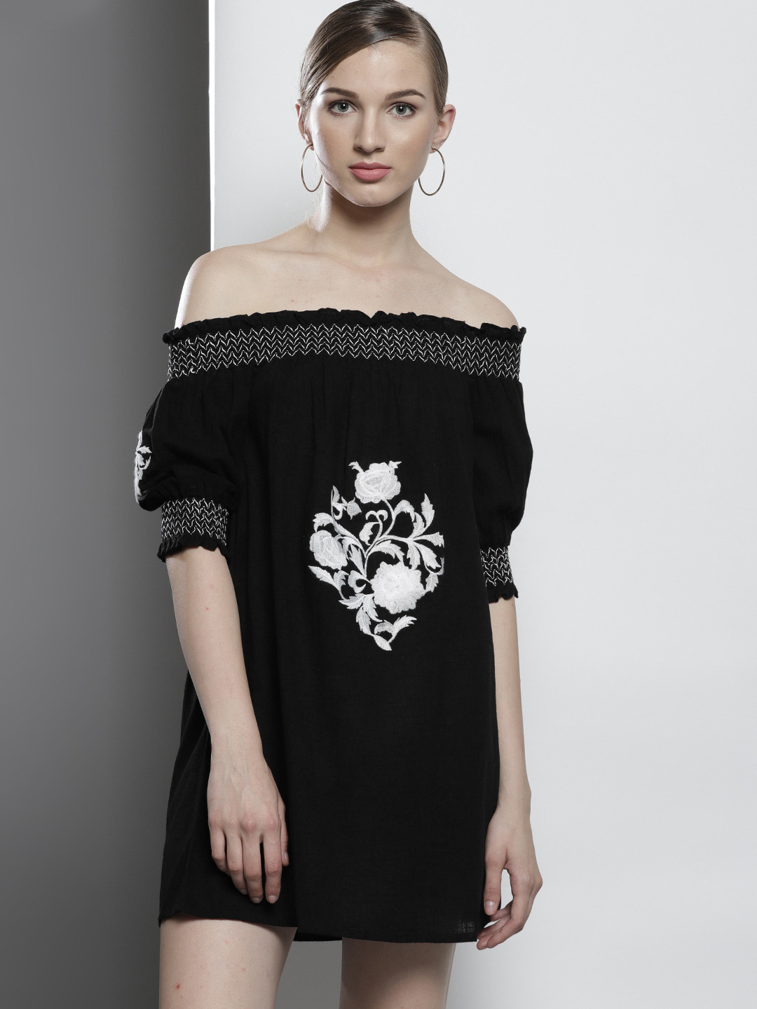 

DOROTHY PERKINS Women Black Embroidered Off-Shoulder A-Line Dress