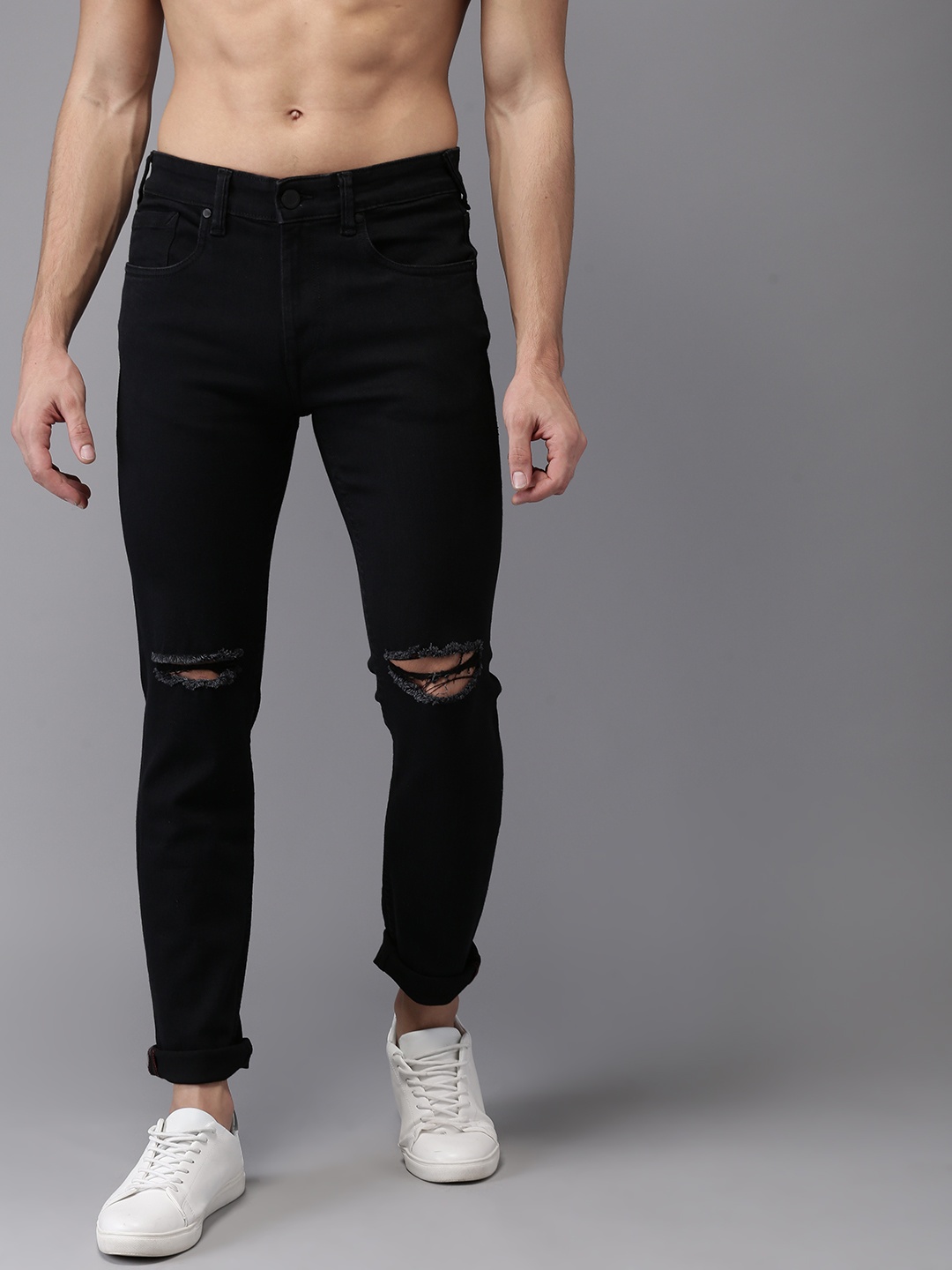 

HERE&NOW Men Black Slim Fit Mid-Rise Slash Knee Stretchable Jeans