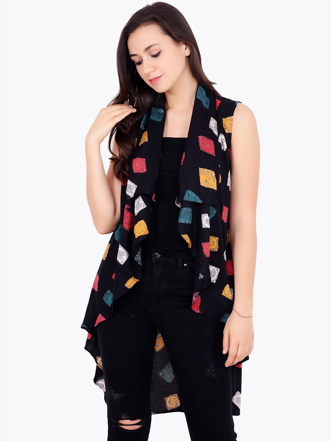 

Cation Black Printed Open Front Shrug